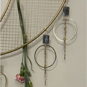 Handmade gold plated blue labradorite stone earrings statement festival